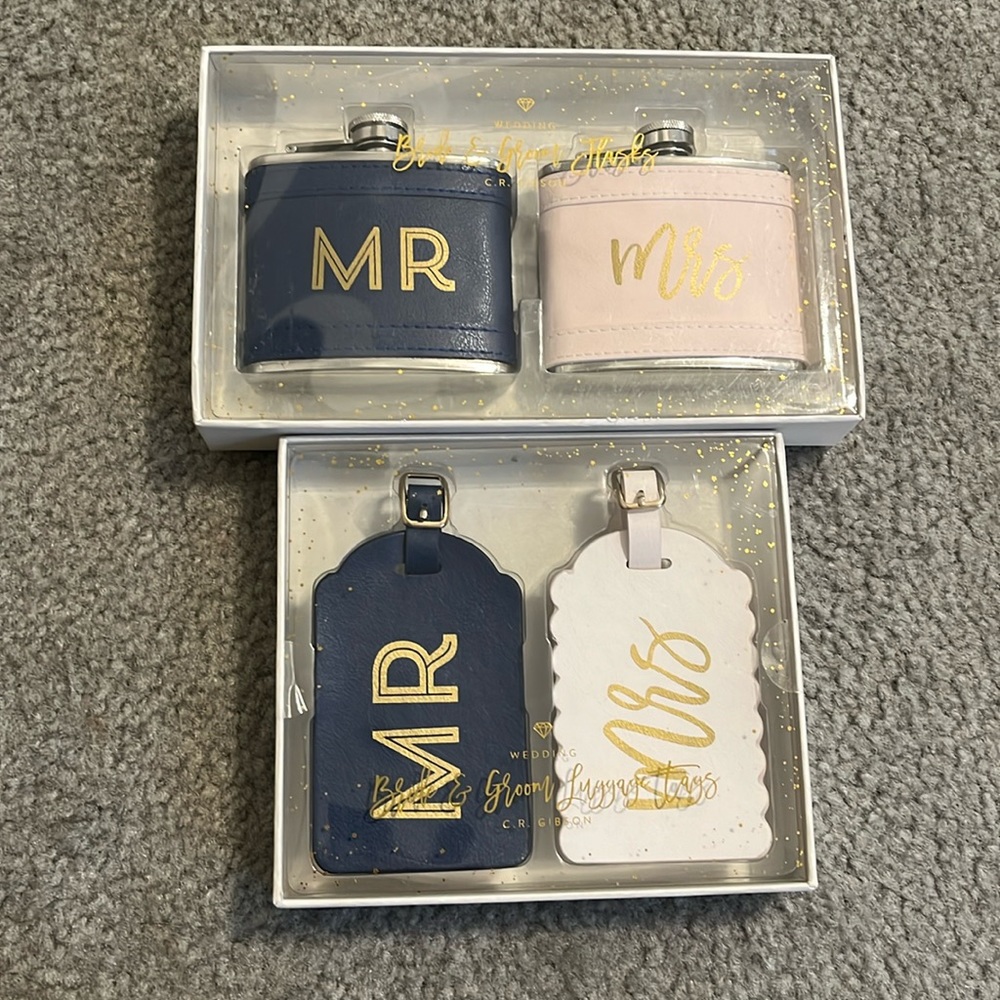 NIB Mr. And Mrs. Flask and luggage tag set.